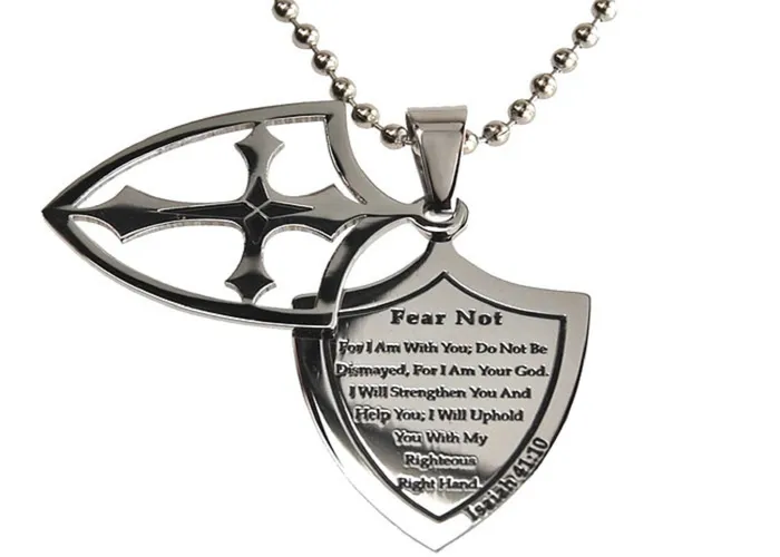 North Arrow Shop Necklaces Fear Not Necklace Two Piece Cross Shield with Bible Verse Stainless Steel Ball Chain