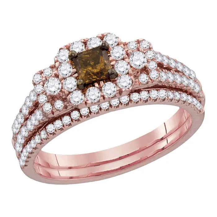 North Arrow Shop Rings 14kt rose gold womens cognac brown diamond princess halo bridal wedding engagement ring band set 1 112 cttw113466 North Arrow Shop Rings 14kt rose gold womens cognac brown diamond princess halo bridal wedding engagement ring band set 1 112 cttw113466