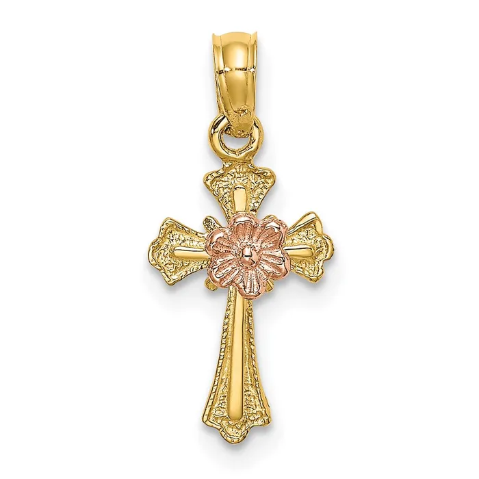 Rings 14k TwoTone Cross w Flower Charm TreasureFineJewelers