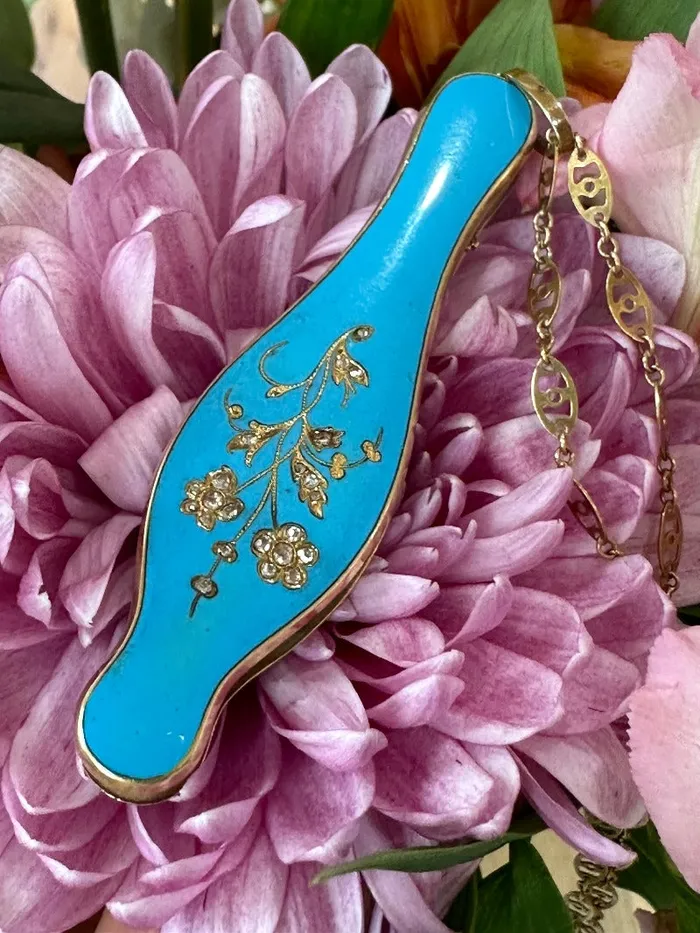 Rings ONeills Estate Jewelry 18 Karat Yellow Gold Lorgnette w Rose Cut Diamonds Blue Enamel 43500024 Rings ONeills Estate Jewelry 18 Karat Yellow Gold Lorgnette w Rose Cut Diamonds Blue Enamel 43500024