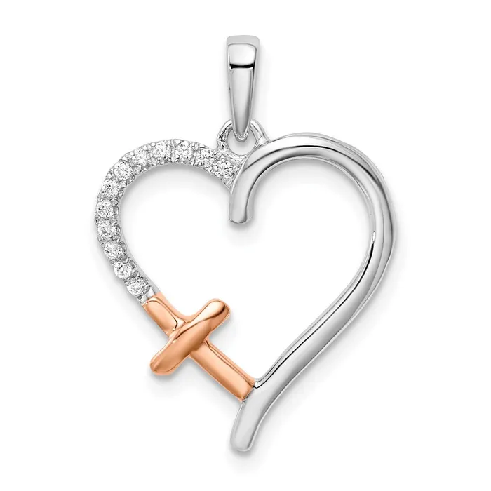 Rings TreasureFineJewelers 14k Twotone White and Rose Heart wCross Diamond Pendant Rings TreasureFineJewelers 14k Twotone White and Rose Heart wCross Diamond Pendant