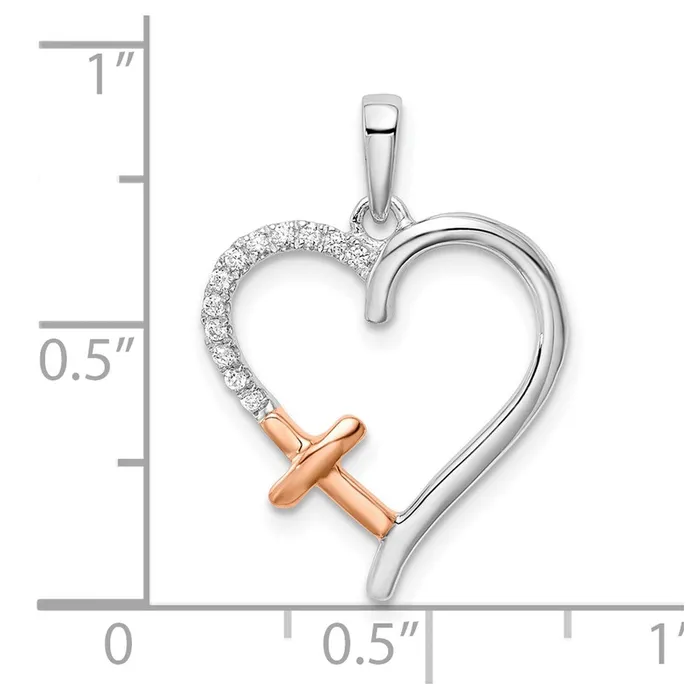 Rings TreasureFineJewelers 14k Twotone White and Rose Heart wCross Diamond Pendant