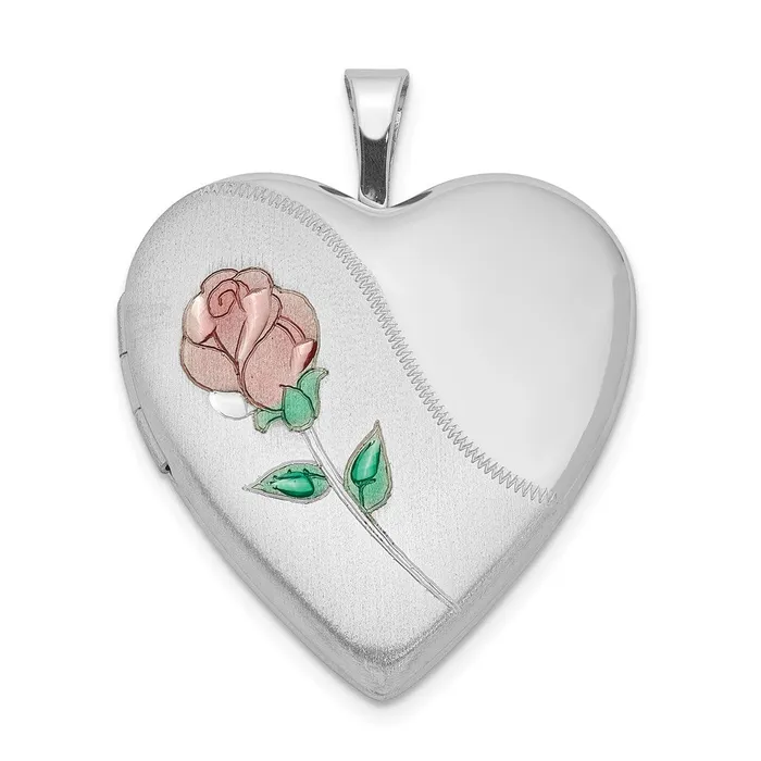 Rings TreasureFineJewelers Sterling Silver Rhodplated 20mm Satin Enamel DC Floral Heart Locket Rings TreasureFineJewelers Sterling Silver Rhodplated 20mm Satin Enamel DC Floral Heart Locket