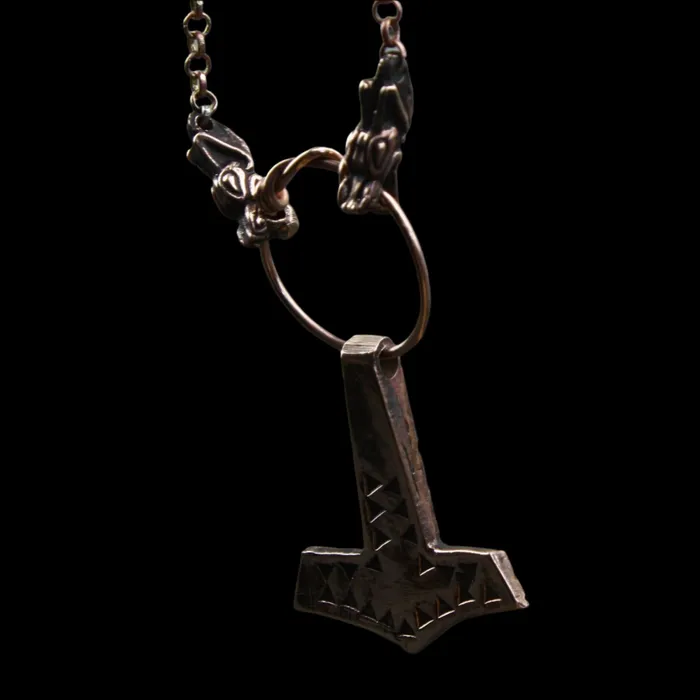 Rings Valhallas silver Stamped Bronze Thors Hammer on Dragon Ring Chain
