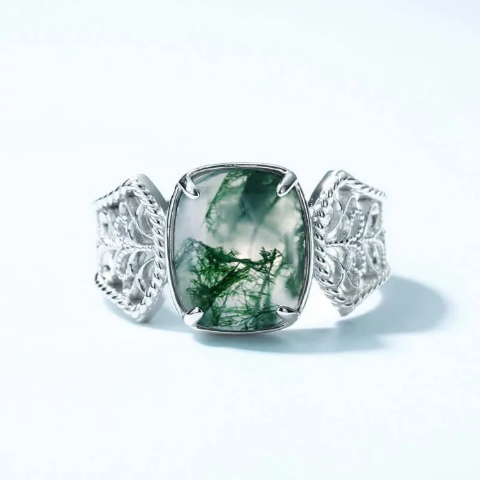 Serpentine Cushion Moss Agate Engagement Adjustable Ring Trendolla Jewelry Rings