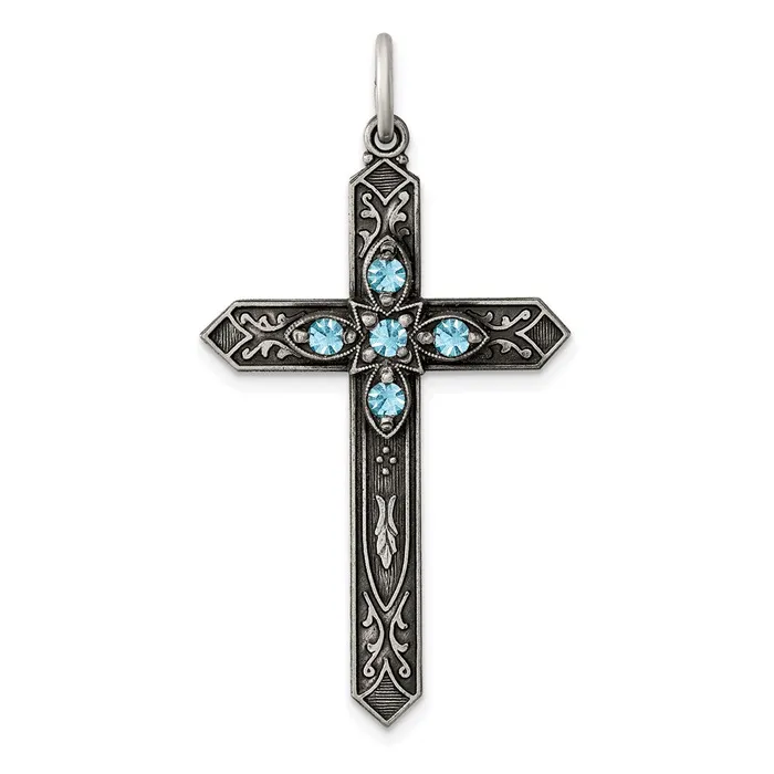 Sterling Silver Antiqued March Glass Birthstone Cross Pendant TreasureFineJewelers Necklaces Sterling Silver Antiqued March Glass Birthstone Cross Pendant TreasureFineJewelers Necklaces