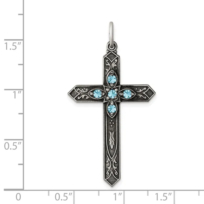 Sterling Silver Antiqued March Glass Birthstone Cross Pendant TreasureFineJewelers Necklaces