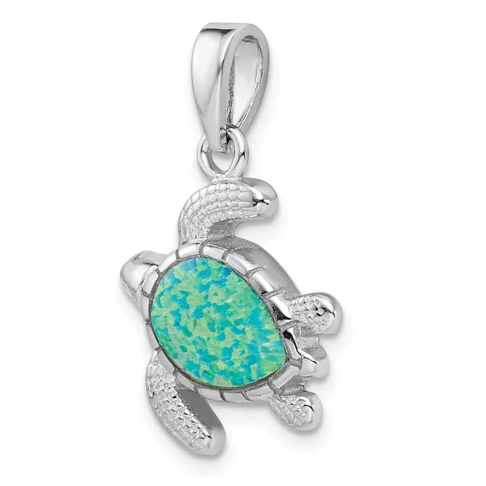 Sterling Silver Rhodiumplated Green Inlay Created Opal Turtle Pendant TreasureFineJewelers Necklaces