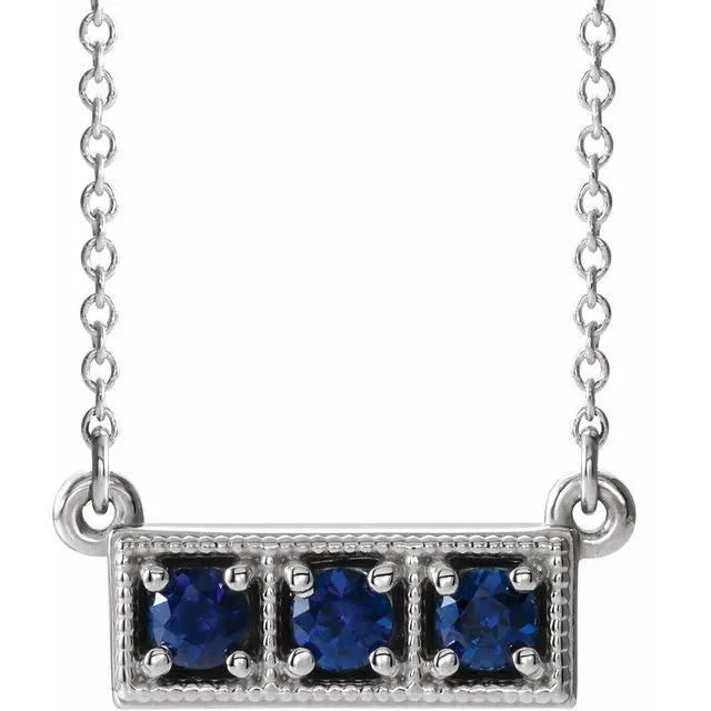 TreasureFineJewelers 14K White Blue Sapphire ThreeStone Granulated Bar 1618 Necklace Necklaces TreasureFineJewelers 14K White Blue Sapphire ThreeStone Granulated Bar 1618 Necklace Necklaces