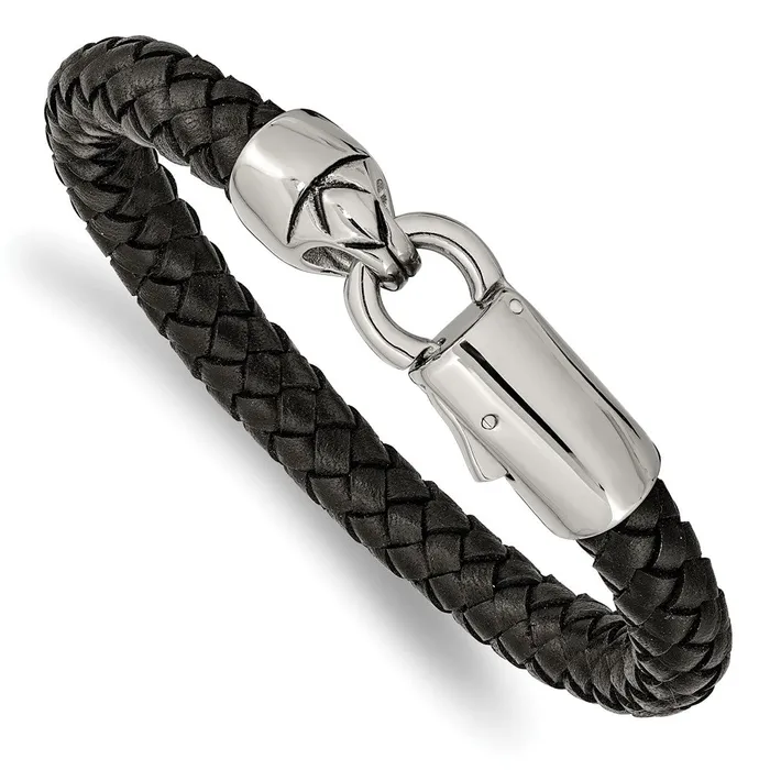 TreasureFineJewelers Bracelets Chisel Stainless Steel Antiqued and Polished Black Braided Leather 825 inch Bracelet TreasureFineJewelers Bracelets Chisel Stainless Steel Antiqued and Polished Black Braided Leather 825 inch Bracelet