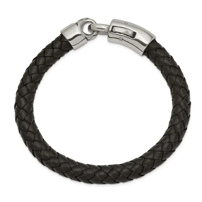 TreasureFineJewelers Bracelets Chisel Stainless Steel Antiqued and Polished Black Braided Leather 825 inch Bracelet