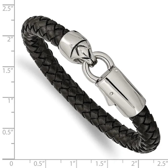 TreasureFineJewelers Bracelets Chisel Stainless Steel Antiqued and Polished Black Braided Leather 825 inch Bracelet