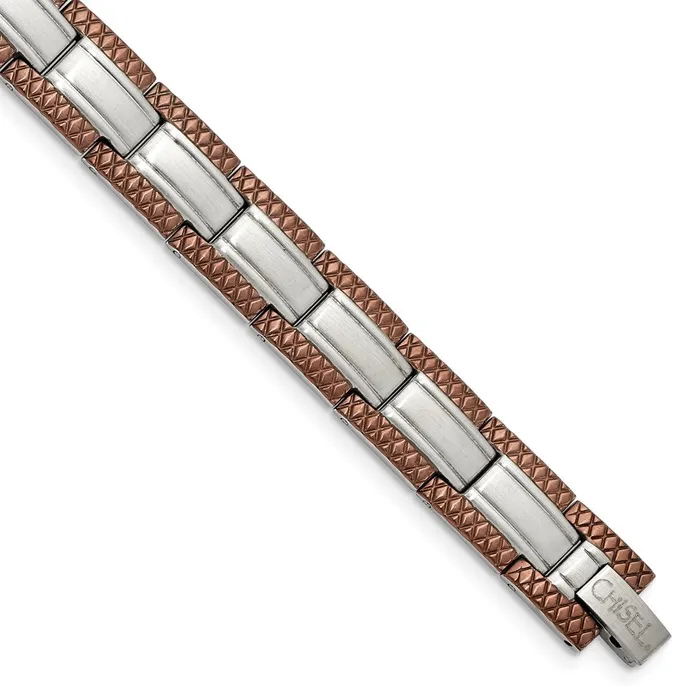 TreasureFineJewelers Bracelets Chisel Stainless Steel Brushed with Textured Brown IPplated Edges 875 inch Link Bracelet TreasureFineJewelers Bracelets Chisel Stainless Steel Brushed with Textured Brown IPplated Edges 875 inch Link Bracelet
