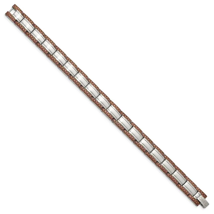TreasureFineJewelers Bracelets Chisel Stainless Steel Brushed with Textured Brown IPplated Edges 875 inch Link Bracelet