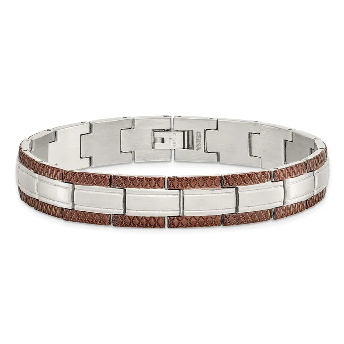 TreasureFineJewelers Bracelets Chisel Stainless Steel Brushed with Textured Brown IPplated Edges 875 inch Link Bracelet