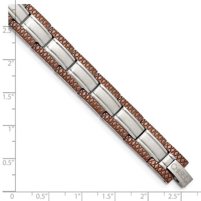 TreasureFineJewelers Bracelets Chisel Stainless Steel Brushed with Textured Brown IPplated Edges 875 inch Link Bracelet