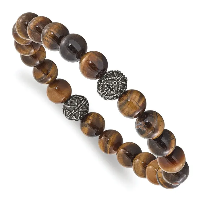 TreasureFineJewelers Bracelets Stainless Steel Antiqued and Polished Tigers Eye Stretch Bracelet TreasureFineJewelers Bracelets Stainless Steel Antiqued and Polished Tigers Eye Stretch Bracelet