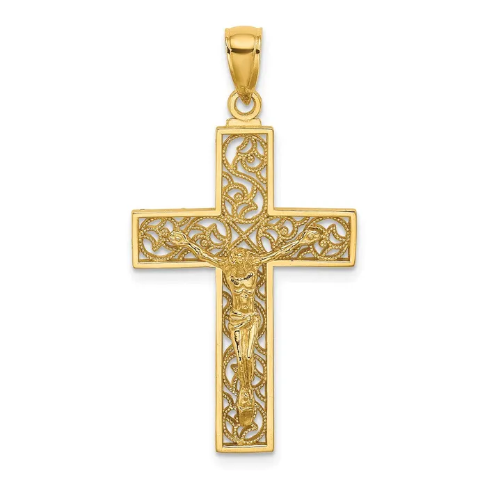 TreasureFineJewelers Charm Necklaces 14K Textured Swirl Design Crucifix Charm TreasureFineJewelers Charm Necklaces 14K Textured Swirl Design Crucifix Charm