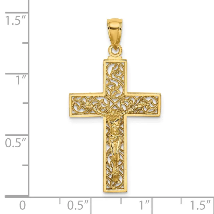 TreasureFineJewelers Charm Necklaces 14K Textured Swirl Design Crucifix Charm