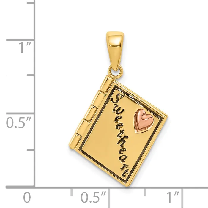 TreasureFineJewelers Charm Necklaces 14K Twotone 3D Enameled Moveable SWEETHEART Book Charm