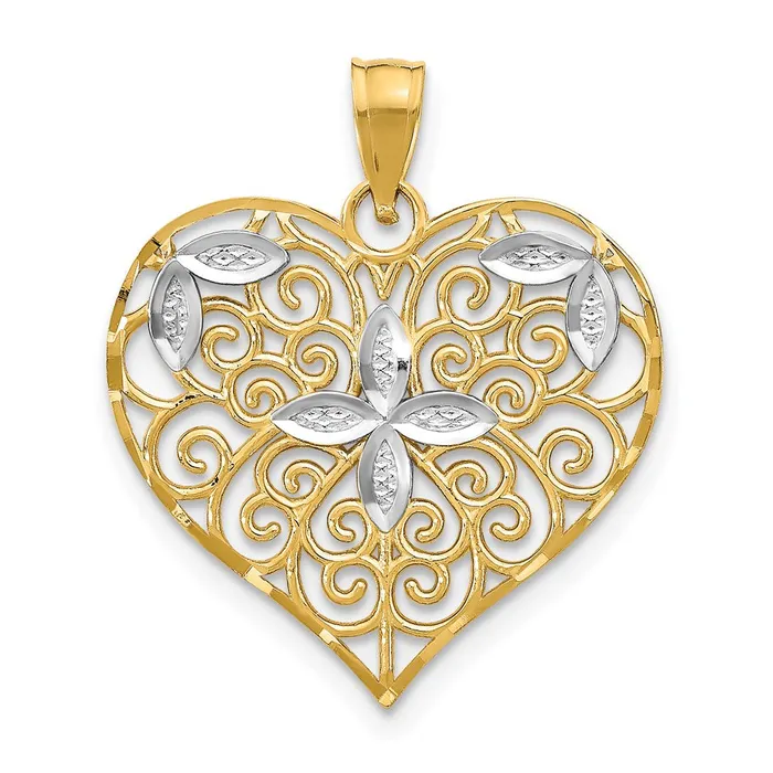 TreasureFineJewelers Charm Necklaces 14k wRhodium CutOut Filigree Flower and Heart Charm TreasureFineJewelers Charm Necklaces 14k wRhodium CutOut Filigree Flower and Heart Charm