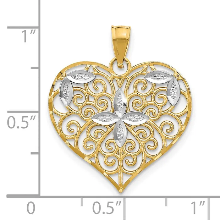 TreasureFineJewelers Charm Necklaces 14k wRhodium CutOut Filigree Flower and Heart Charm