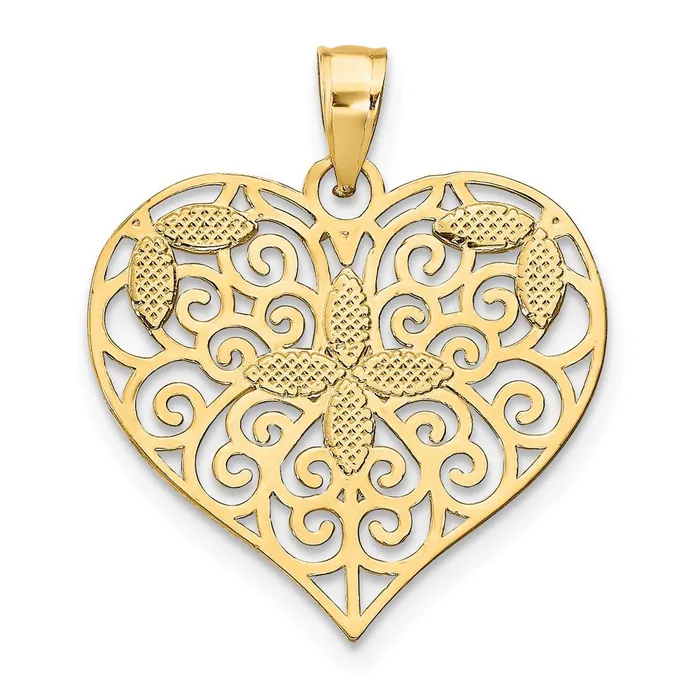 TreasureFineJewelers Charm Necklaces 14k wRhodium CutOut Filigree Flower and Heart Charm