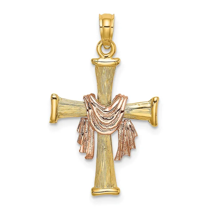 TreasureFineJewelers Charm Necklaces 14l TwoTone Textured Finish Cross w Drape Charm TreasureFineJewelers Charm Necklaces 14l TwoTone Textured Finish Cross w Drape Charm