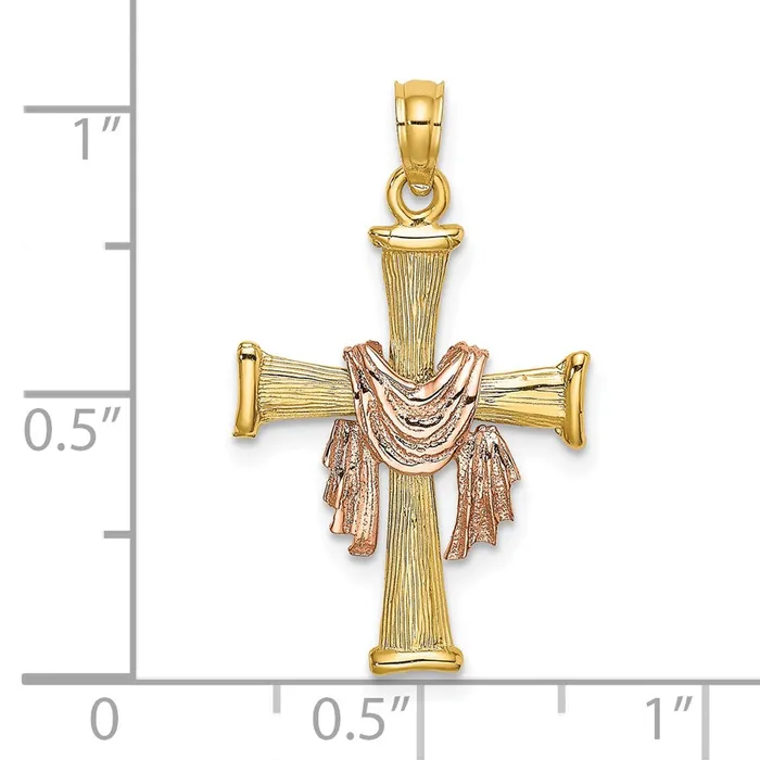 TreasureFineJewelers Charm Necklaces 14l TwoTone Textured Finish Cross w Drape Charm