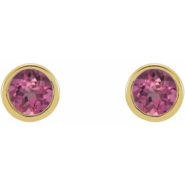 TreasureFineJewelers Earrings 14K Yellow Gold 25 mm Round Natural Pink Tourmaline Micro BezelSet Earrings