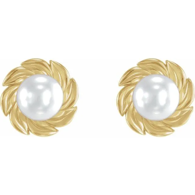 TreasureFineJewelers Earrings 14K Yellow Gold Cultured White Gold Akoya Pearl Leaf Earrings