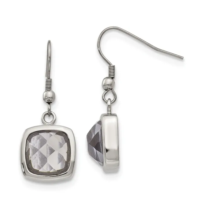 TreasureFineJewelers Earrings Stainless Steel Polished Square Grey Glass Shepherd Hook Earrings TreasureFineJewelers Earrings Stainless Steel Polished Square Grey Glass Shepherd Hook Earrings