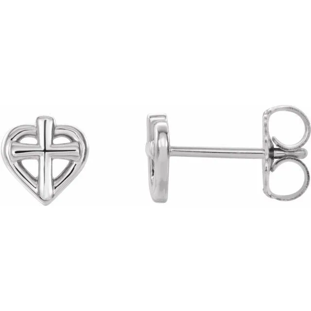 TreasureFineJewelers Earrings Sterling Silver Cross with Heart Youth Earrings TreasureFineJewelers Earrings Sterling Silver Cross with Heart Youth Earrings