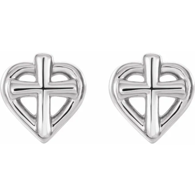TreasureFineJewelers Earrings Sterling Silver Cross with Heart Youth Earrings