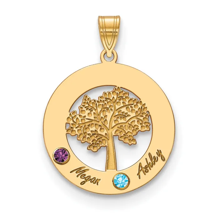 TreasureFineJewelers Necklaces 10KY Family Tree in Circle 2 Names and Birthstones w 18k Bezel Pendant