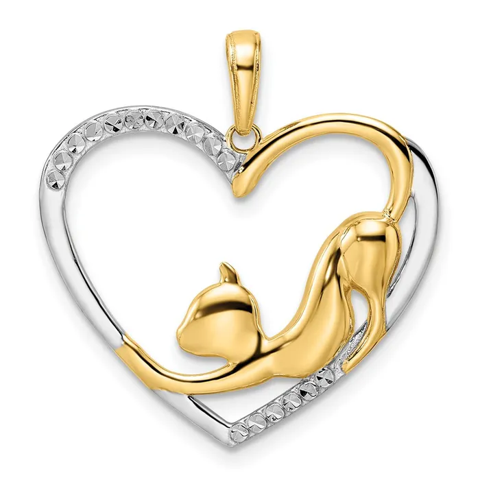 TreasureFineJewelers Necklaces 14k and White Rhodium Diamondcut Cat Stretching in Heart Pendant
