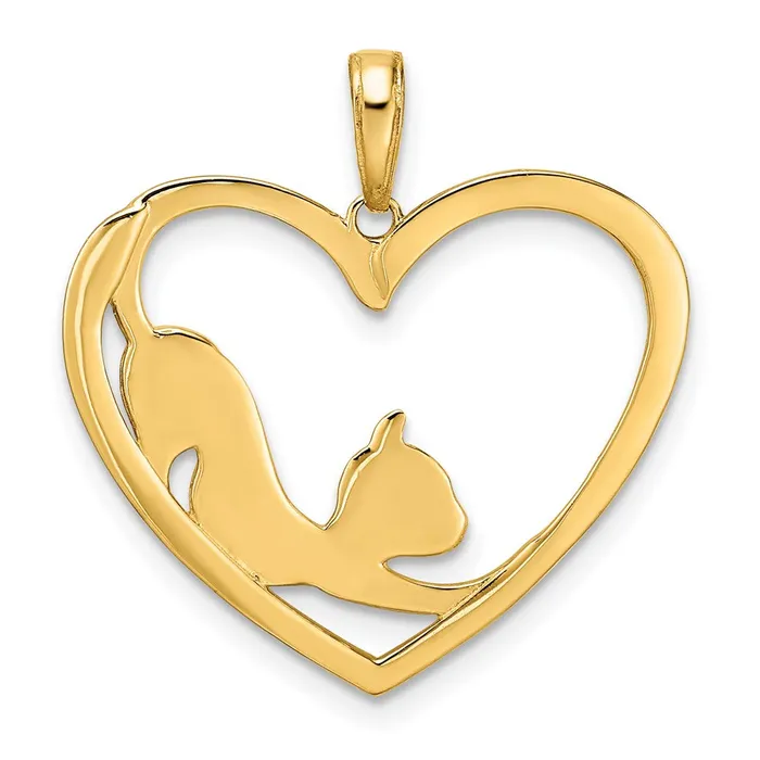 TreasureFineJewelers Necklaces 14k and White Rhodium Diamondcut Cat Stretching in Heart Pendant