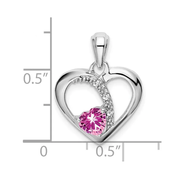 TreasureFineJewelers Necklaces 14k White Gold Created Pink Sapphire and Diamond Heart Pendant