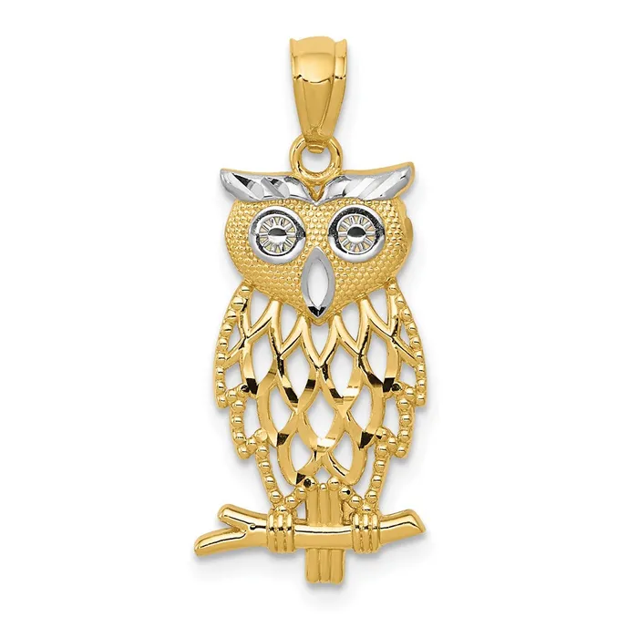 TreasureFineJewelers Necklaces 14k Yellow Gold Rhodium Diamond Cut Owl Pendant TreasureFineJewelers Necklaces 14k Yellow Gold Rhodium Diamond Cut Owl Pendant