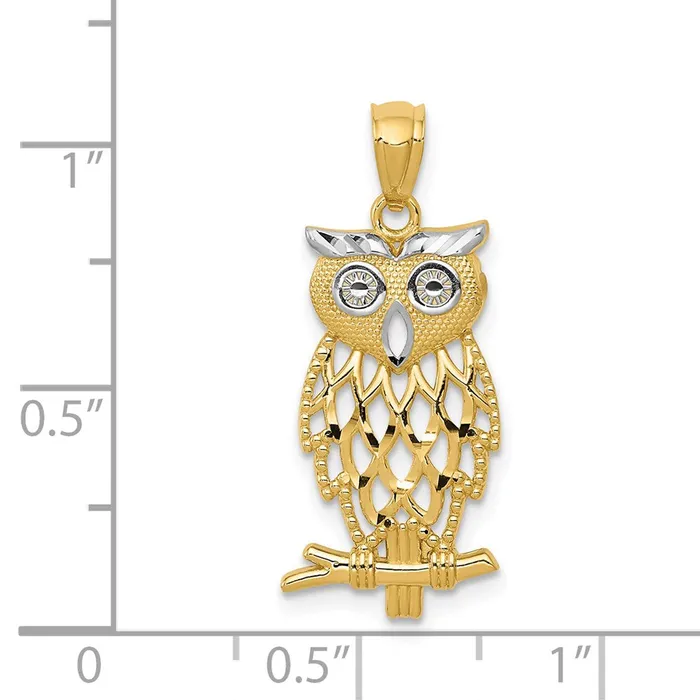 TreasureFineJewelers Necklaces 14k Yellow Gold Rhodium Diamond Cut Owl Pendant