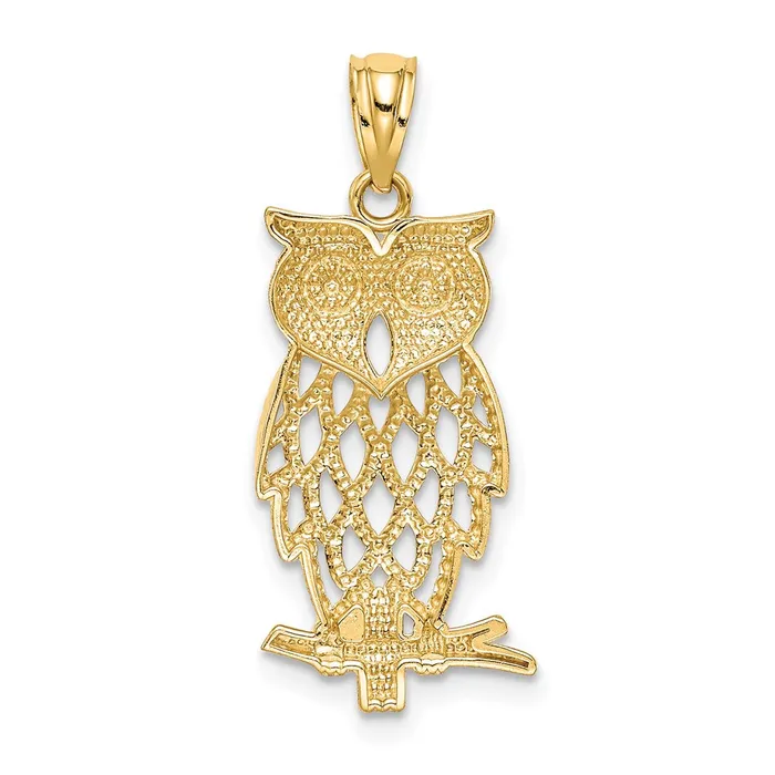 TreasureFineJewelers Necklaces 14k Yellow Gold Rhodium Diamond Cut Owl Pendant