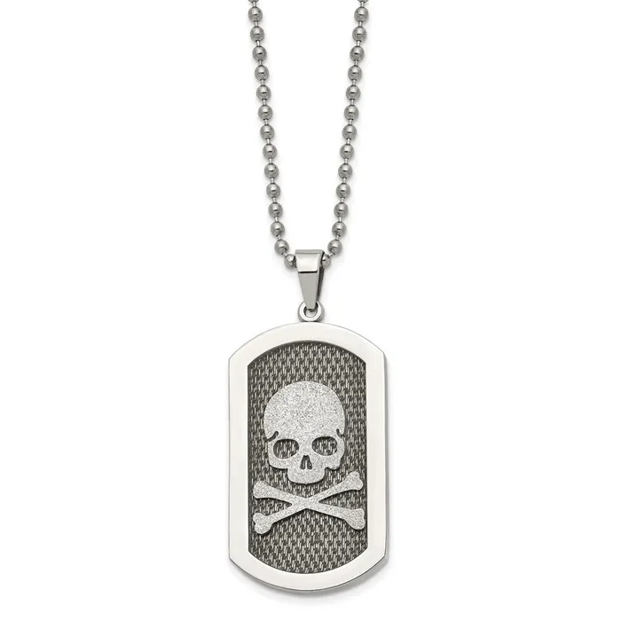 TreasureFineJewelers Necklaces Chisel Stainless Steel Brushed and Polished Laser Cut Skull and Crossbones Dog Tag on a 24 inch Ball Chain Necklace