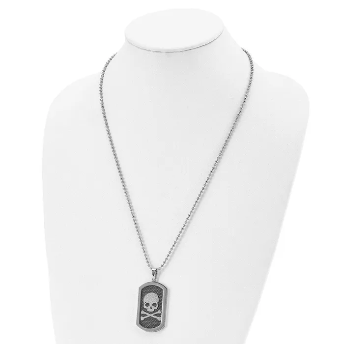 TreasureFineJewelers Necklaces Chisel Stainless Steel Brushed and Polished Laser Cut Skull and Crossbones Dog Tag on a 24 inch Ball Chain Necklace