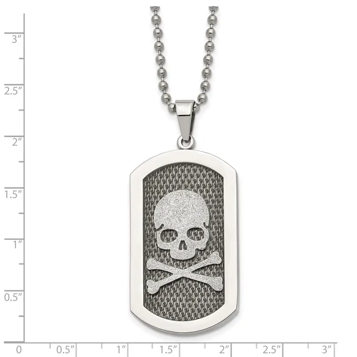TreasureFineJewelers Necklaces Chisel Stainless Steel Brushed and Polished Laser Cut Skull and Crossbones Dog Tag on a 24 inch Ball Chain Necklace
