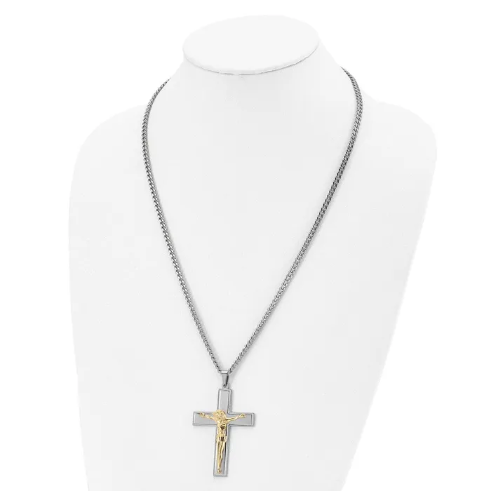 TreasureFineJewelers Necklaces Chisel Stainless Steel Polished Yellow IPplated Crucifix Pendant on a 24 inch Curb Chain Necklace