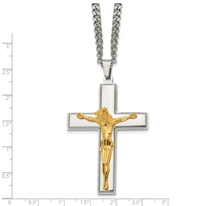 TreasureFineJewelers Necklaces Chisel Stainless Steel Polished Yellow IPplated Crucifix Pendant on a 24 inch Curb Chain Necklace