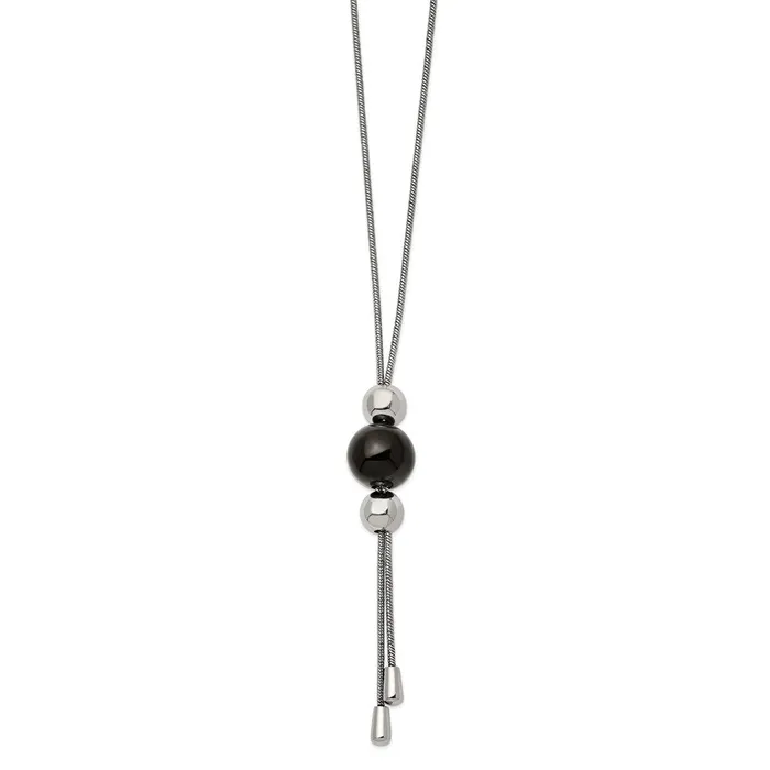 TreasureFineJewelers Necklaces Stainless Steel Polished Black IP Bead Tassel Adjustable to 26in Necklace