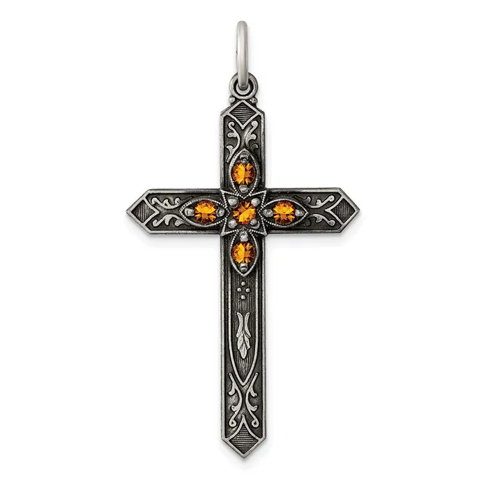 TreasureFineJewelers Necklaces Sterling Silver Antiqued November Glass Birthstone Cross Pendant TreasureFineJewelers Necklaces Sterling Silver Antiqued November Glass Birthstone Cross Pendant