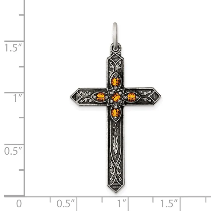 TreasureFineJewelers Necklaces Sterling Silver Antiqued November Glass Birthstone Cross Pendant