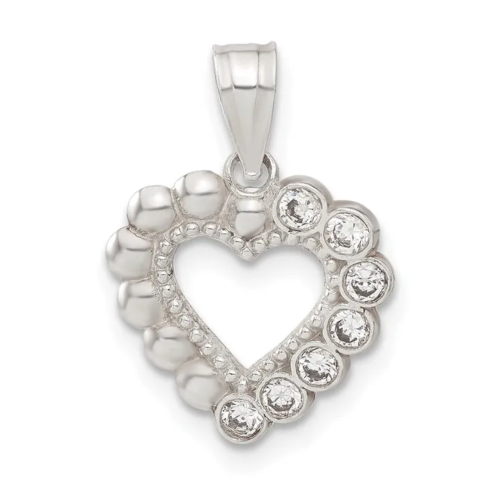 TreasureFineJewelers Necklaces Sterling Silver Beaded CZ Heart Pendant